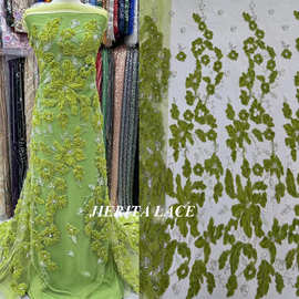 设计师盘带珠管泡珠面料亮片珠管绣蕾丝网纱布料婚纱礼服连衣裙料