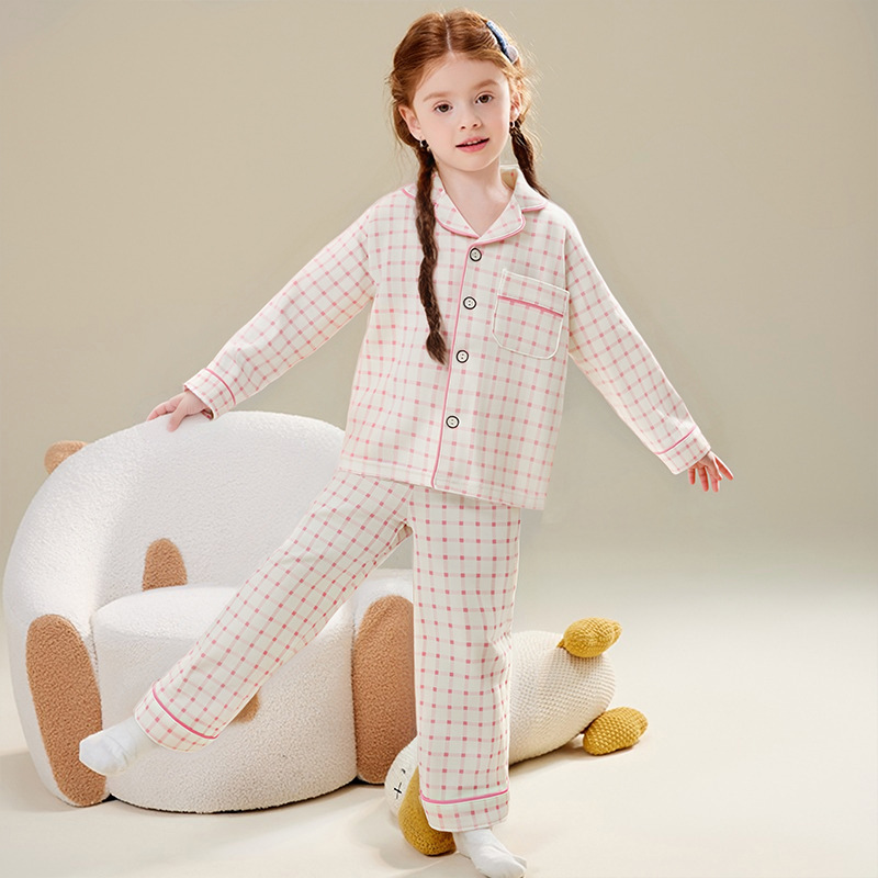 Children's Class a Pure Cotton Lapel Loungewear Set, Family Matching Set, Autumn Long-Sleeved Plaid Pajamas for Boys and Girls