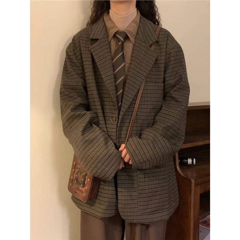 秋季日系复古男女休闲西装开衫格子小西服男女小众设计感百搭外套|undefined