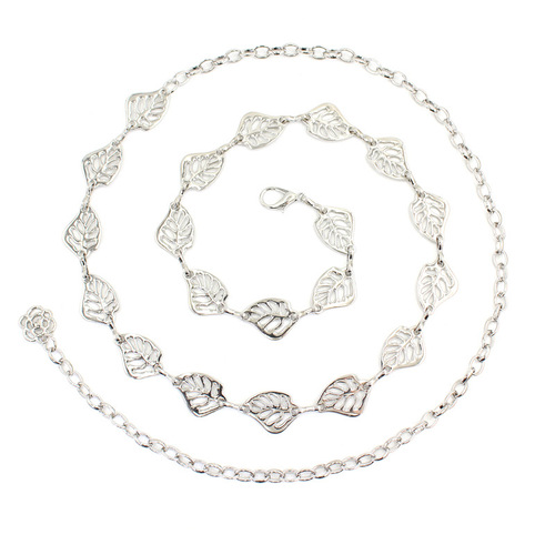 Metal waist chain for women, versatile and fashionable silver leaf hook chain with shirt, sweater and dress decorative thin belt