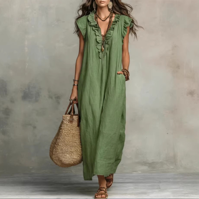European and American Independent Websites Amazon Aliexpress 2026 Spring and Summer New Bohemian Flutter-Sleeve Floor-Length Dress