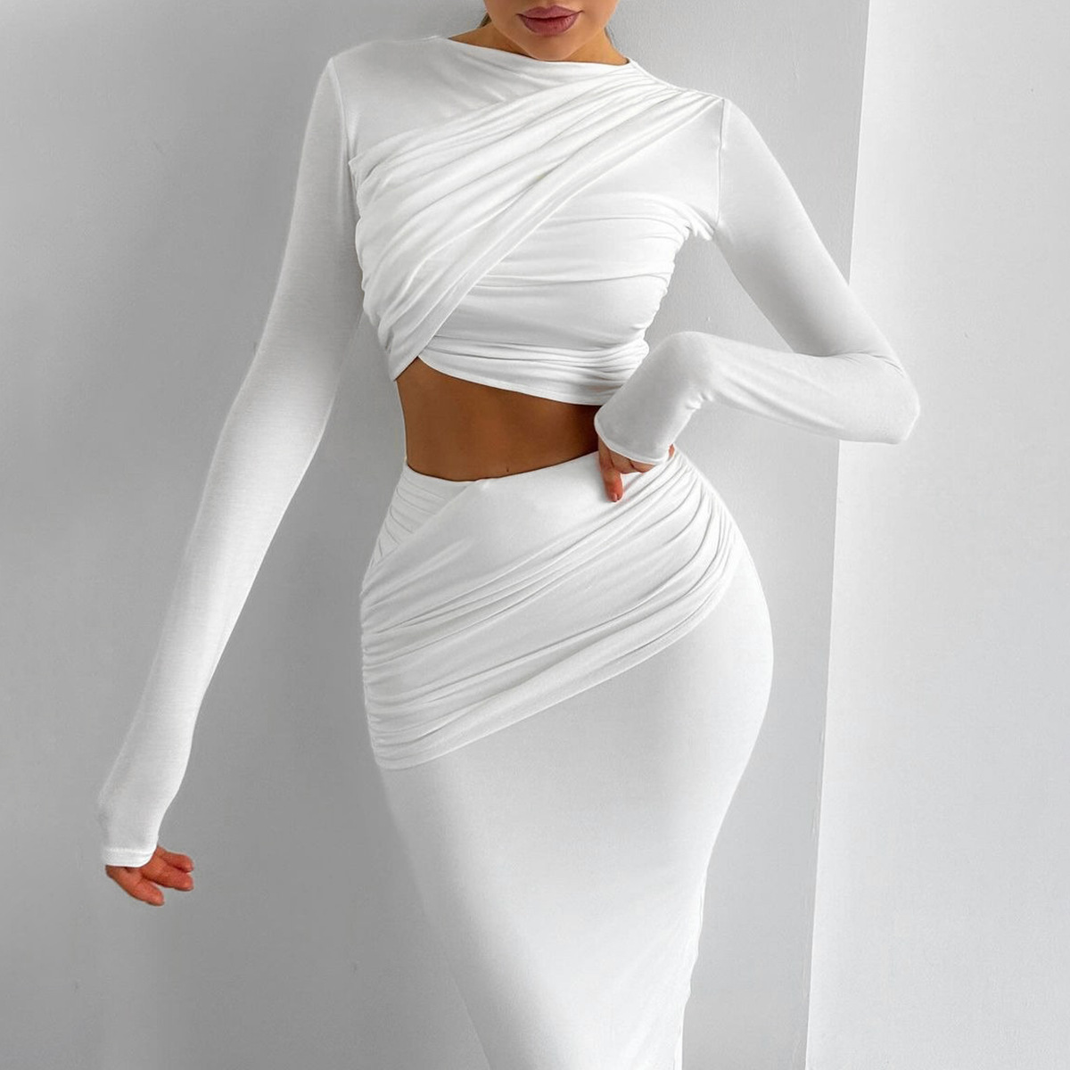 European American Style Women's Clothing 2024 Autumn And Winter New Foreign Trade Round-neck Long-sleeve Crop Top_ecoleips.com