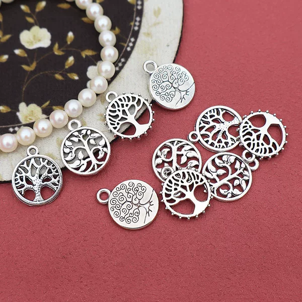 Retro Hollow Round Brand Tree of Life Pendant Xizang Silver Handmade Necklace Bracelet Pendant Pendant DIY Jewelry Accessories