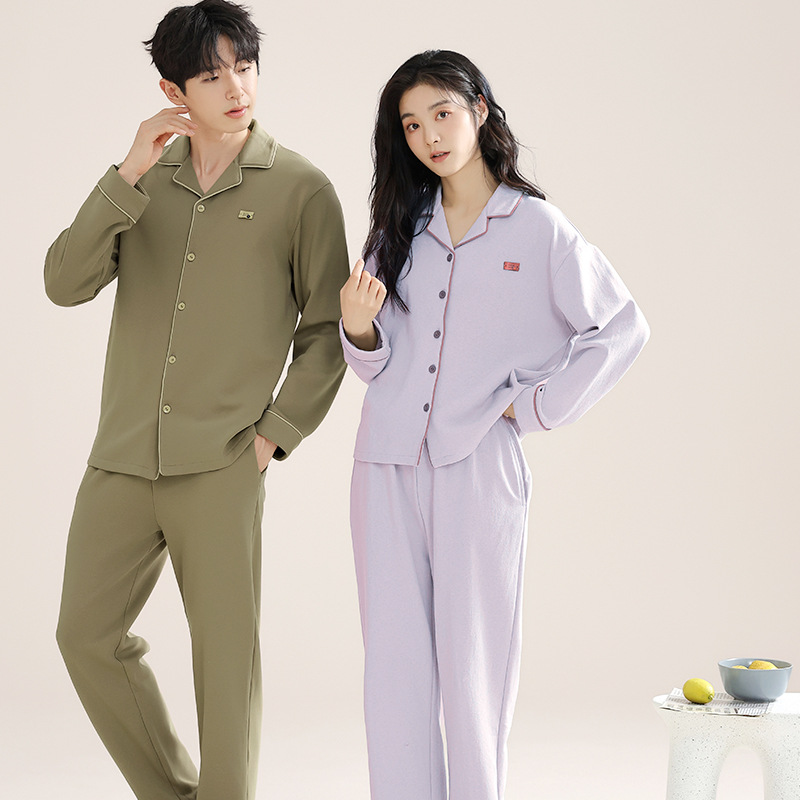 항균 통기성 순면 커플 잠옷 봄과 가을 긴 소매 바지 가디건 옷깃 플러스 사이즈 세트 남성 및 여성 홈 옷