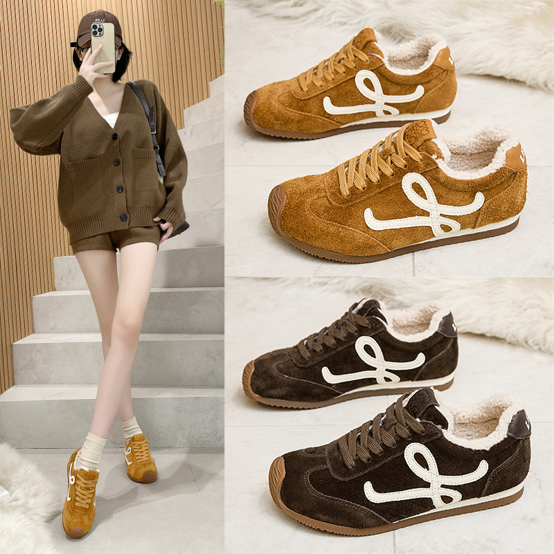 德训鞋女2025冬新款绒里保暖显瘦舒适百搭拼色休闲阿甘软底运动鞋