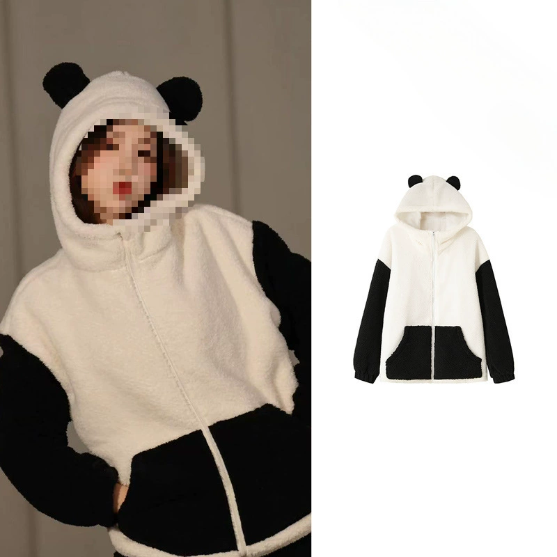 Ю Shuxin же стиль черный и белый контрастные цвета с капюшоном кардиган шерсти ягненка пальто женщин осень и зима высокого класса свободные утолщенные Топ