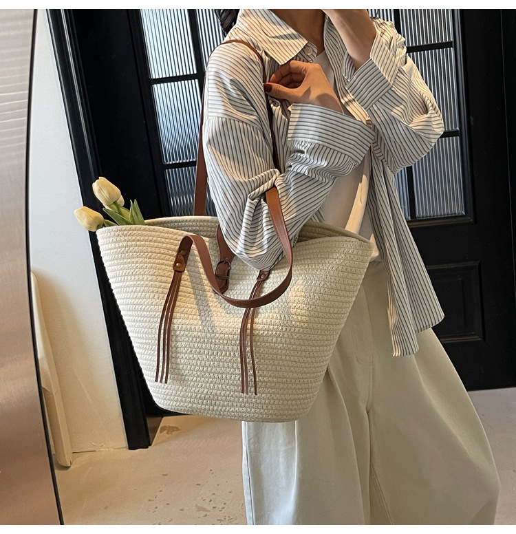 1125g Weight Weave Fashion Element Lock clasp Closure Type Double Shoulder Straps Strap Type Straw Bag Bags Type Casual Occasion cotton rope Material Solid Color Pattern Spring&Summer Season Women's Gender Beach Style Bucket Shape Large Size Women's Large Cotton Rope Solid Color Beach Weave Bucket Lock Clasp Straw Bag 8