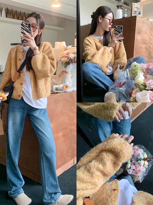 セーターのカーディガンの女性のカジュアルな上着の服の冬の怠惰な風のゆったりした黄色のニットコート|undefined