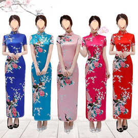 旗袍中长款仿真丝面料大码时尚短袖旗袍裙走秀表演日常丝绸连衣裙