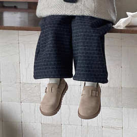 蒙田童裤韩版男女童秋冬毛呢加绒长裤男女宝格纹直筒裤儿童阔腿裤