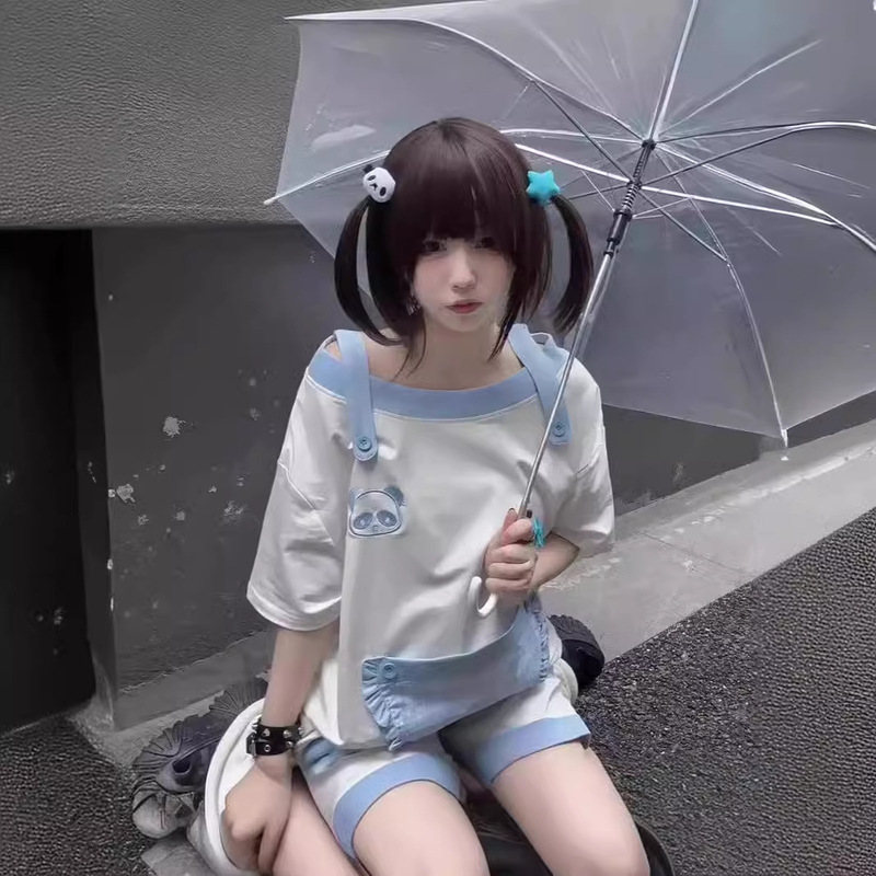 Japanese Style Cute Sweet Soft Girl Embroidered Mine Water Color Japanese Style Off-Shoulder Short Sleeve Shorts Sportswear