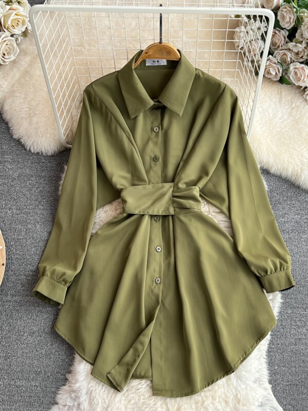 Spring and Autumn Korean Style Socialite Elegant Long-Sleeved Lapel Waist Slimming Single-Breasted A- Shirt dress Women
