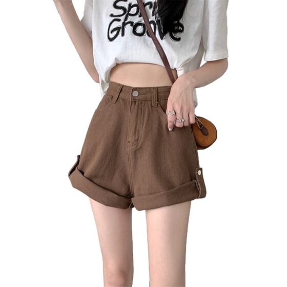 Brown Curl Denim Shorts Women's Summer Retro High Waist Slimming Design Sense Niche Loose Wide Leg Pants New
