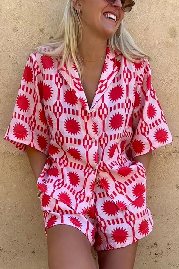 Turndown Neckline Comfort Function Daily Women's Casual Printing Polyester Printing Pocket Shorts Co-ord Set Shorts Sets