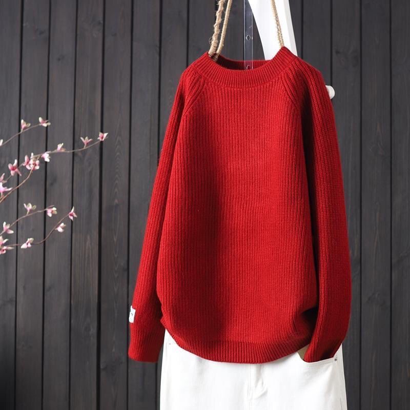 2022 Autumn and Winter New Round Neck Pure Color Line Stripes Simple Literary Loose Knitwear Pullover Women's Thickeneded Knitwear