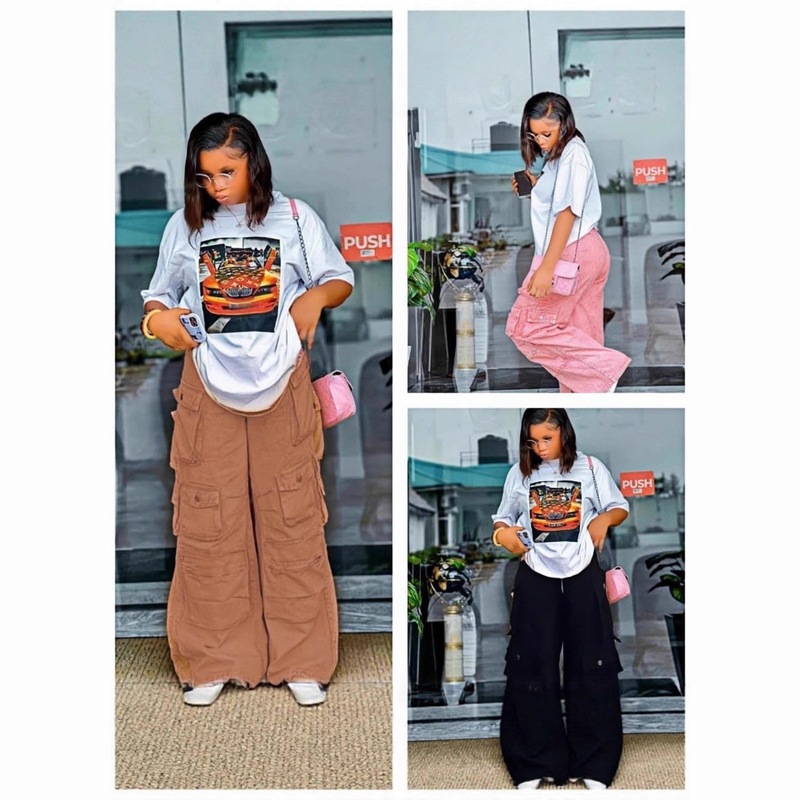 2025 Ready-Made New Hip-Hop Slimming Loose Casual Wide-Leg Cargo Pants and Heat-Printed Tops Two-Piece Set