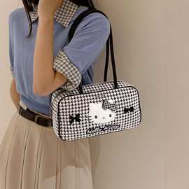 TOUTOU新款可爱凯蒂猫千鸟格保龄球波士顿腋下包小众高质感单肩包