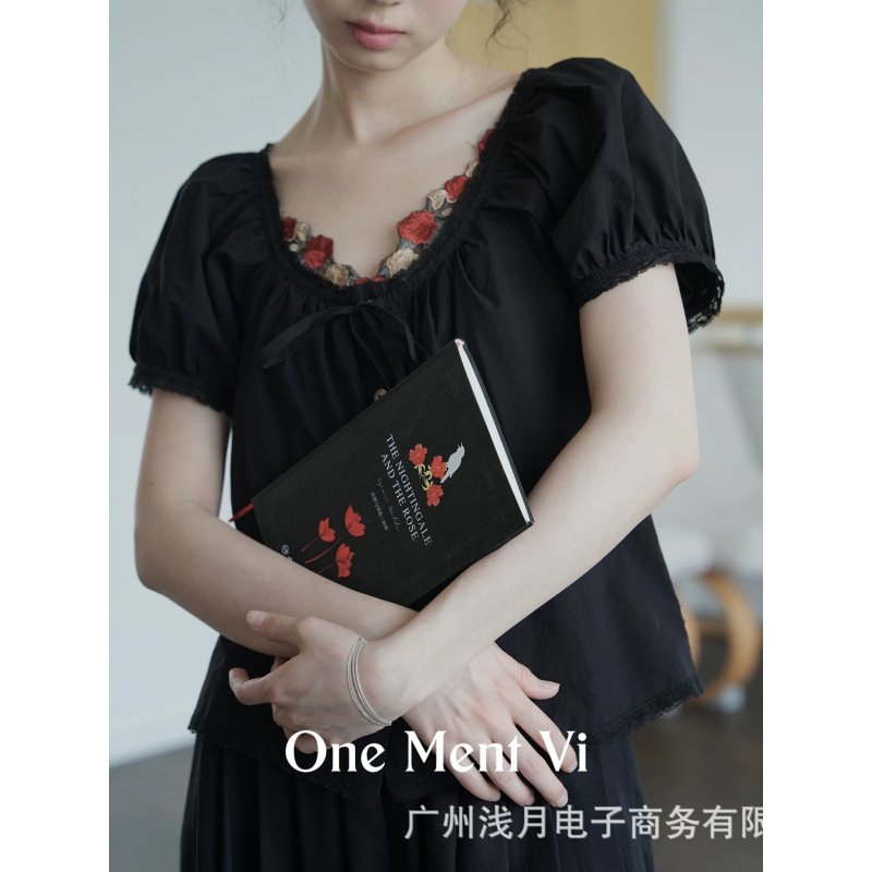 One Ment Vi Six-In-One French-Style Puff Sleeve Loose Lace Patchwork Cotton Square-Neck Short-Sleeve Top for Women One Ment Vi Six-In-One French-Style Puff Sleeve Loose Lace Patchwork Cotton Square-Neck Short-Sleeve Top for Women