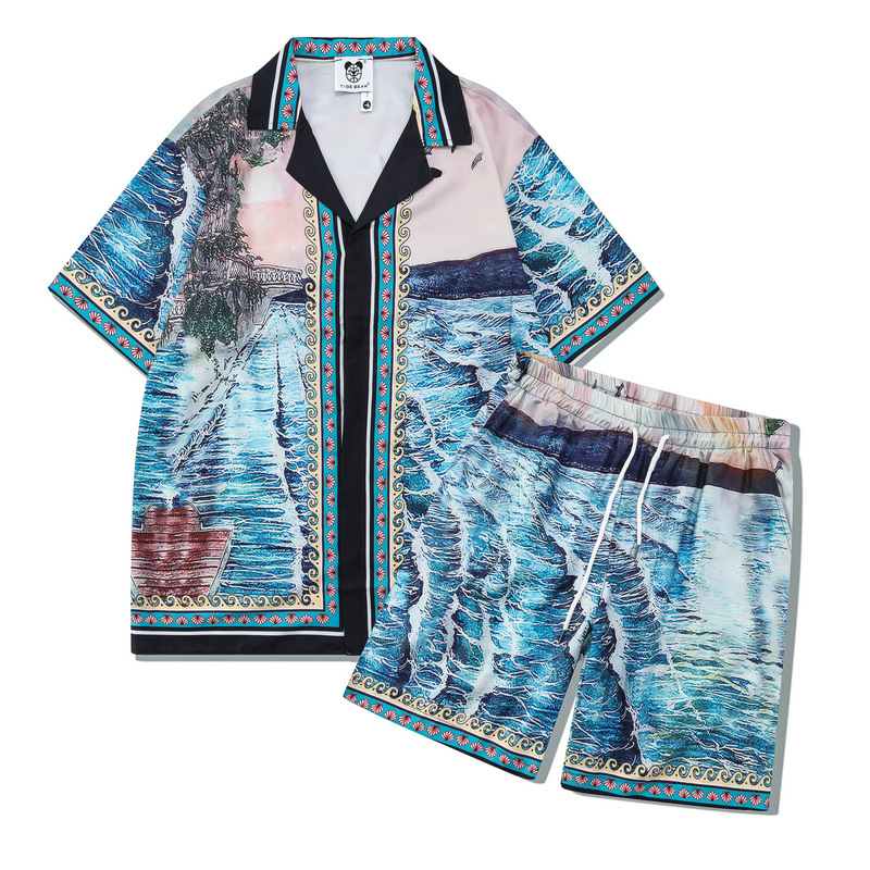 Chaoshen verano casual playa camisa de manga corta europea y americana impresión digital ola abstracta suelta traje cardigan hombres