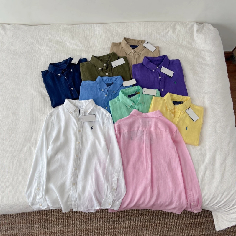 Ralph Lauren Rl100 Pure Linen Solid Color Classic Lapel Shirt with Pony Logo Embroidery High-Quality Top Ralph Lauren Rl100 Pure Linen Solid Color Classic Lapel Shirt with Pony Logo Embroidery High-Quality Top