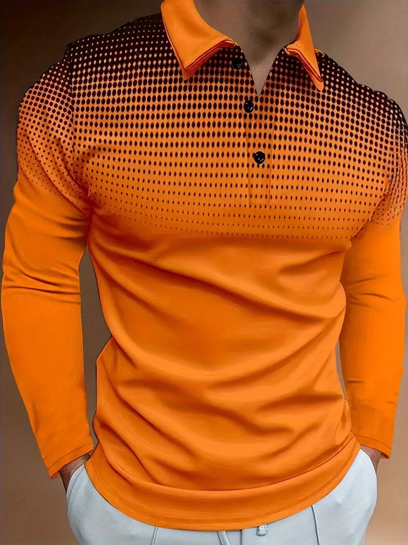 Puntos de color degradado simples con estampado 3D para hombres casuales de todo fósforo negocios sueltos de manga larga con cuello con botones en stock