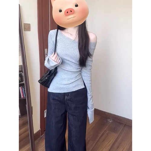 Women's Gray Cross-Shoulder Long-Sleeve Top for 2025 Autumn - Design Slimming and Body-Concealing Pure Desire Seductive Basic Tee