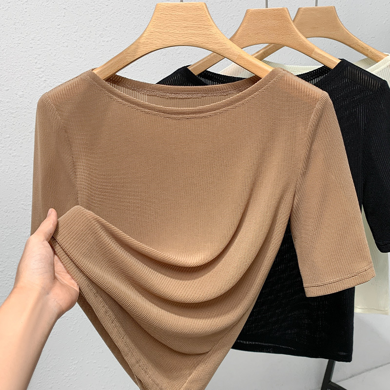 Camiseta de mediados de manga de las mujeres 2023 nuevas mujeres europeas elegante fuera del hombro de malla de color sólido de la cintura-apretado tramo superior image 10