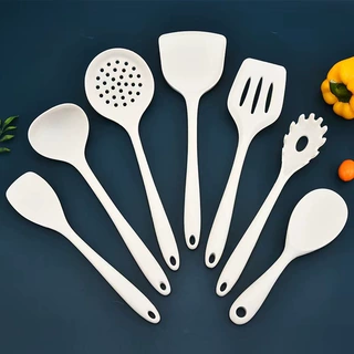 跨境硅胶套装厨具新款白色硅胶厨具7件套一体式全包烹饪铲勺捞篱