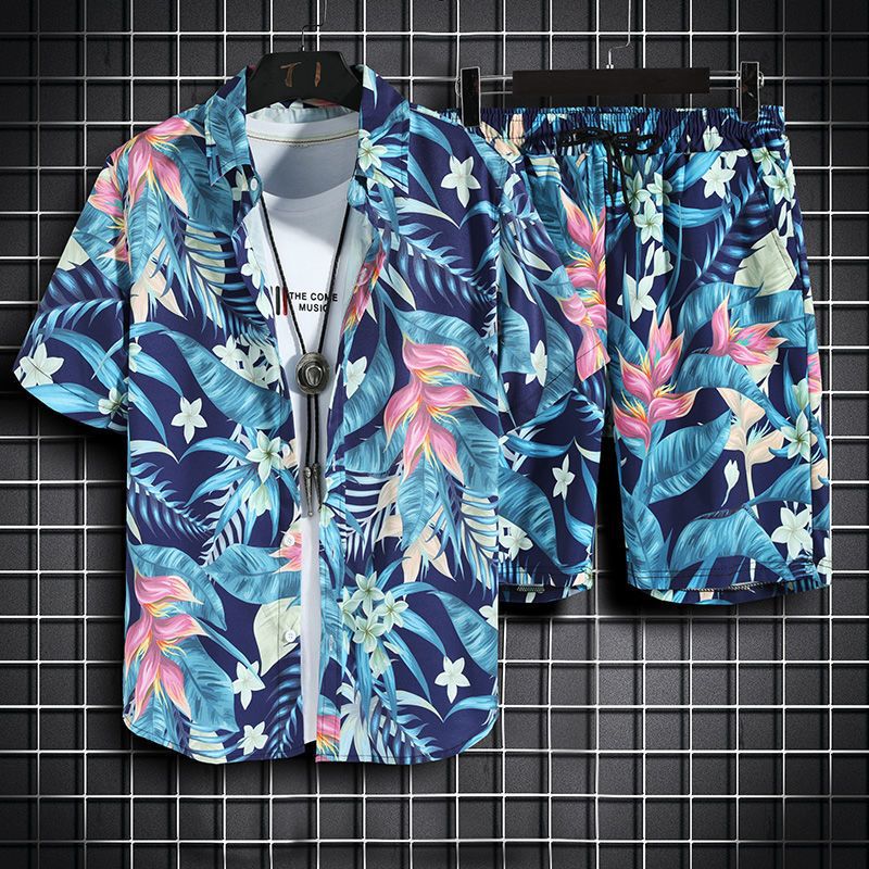 Summer Beach Suit Men's Short-sleeved Floral Shirt Large Size Loose Couple's Hawaiian Shirt Shorts Two-piece Set