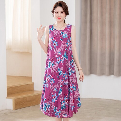 Chic Mid-Age Mother Cotton-Silk Dress for Women Summer New Style Sleeveless Straps Loose Plus Size Vacation Wind Beach Dress