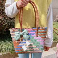 HD3412復古風仿藤撞色編織菜籃子手提包大容量日常通勤單肩包ins