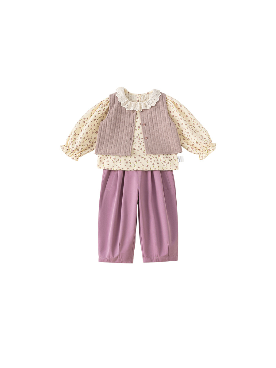 Yoobao ropa infantil niñas trajes de otoño 2026 nuevo chaleco de mangas largas camisa de encaje base pantalones casuales de tres piezas