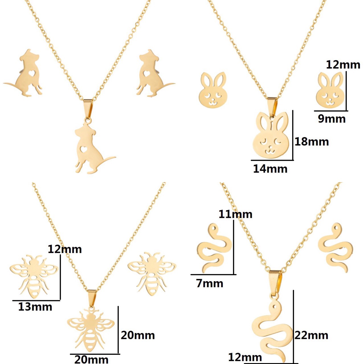 Acero inoxidable Nueva joyería de las mujeres lindo pequeño animal serpiente abeja mariposa collar pendientes de tres piezas traje de joyería