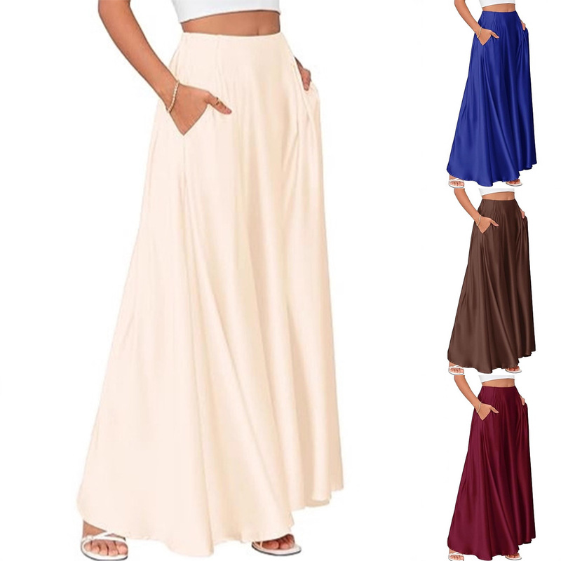 Women's Satin Skirt Spring and Summer Amazon European and American Clothing New Solid Color Elegant Professional Pocket Long Skirt for Women Women's Satin Skirt Spring and Summer Amazon European and American Clothing New Solid Color Elegant Professional Pocket Long Skirt for Women