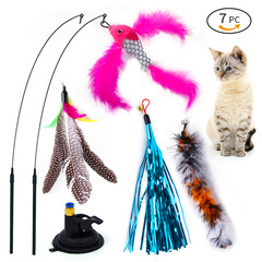 Cross-border new product suction cup steel wire cat teaser pole lazy self-entertaining cat toy mouse feather caterpillar replaceable heads