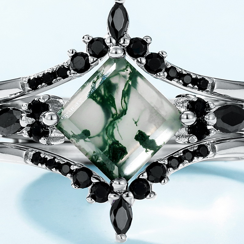 Anillo de ágata de hierba de agua natural geométrica transfronteriza S925 con incrustaciones de plata, anillo de piedra de musgo verde apilado
