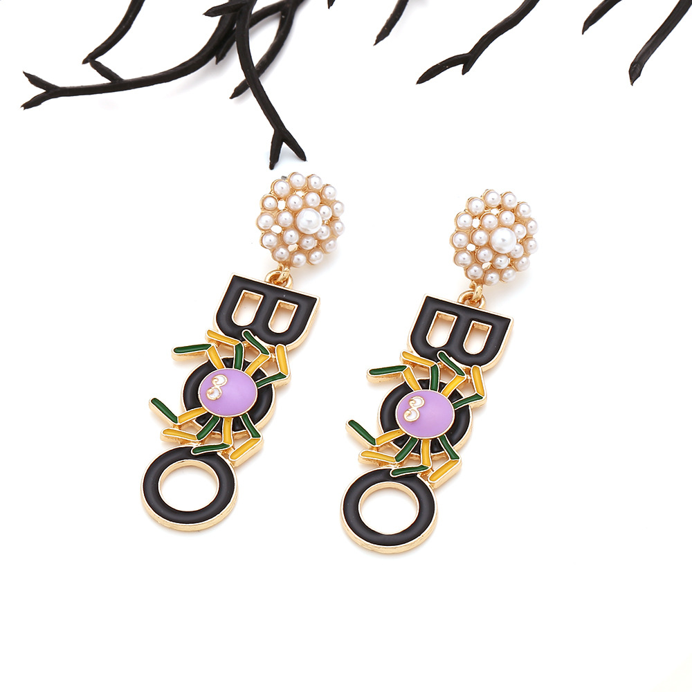 Artificial Pearls Inlay Material Drop Earrings Classification 1 Pair Halloween Hip-Hop Funny Letter Spider Enamel Plating Inlay Alloy Artificial Pearls Drop Earrings