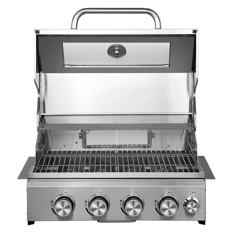 Directo de fábrica de acero inoxidable incrustado Parrilla de barbacoa al aire libre Villa humo barbacoa parrilla estufa de cuatro cabezas cubierta superior ventana de vidrio