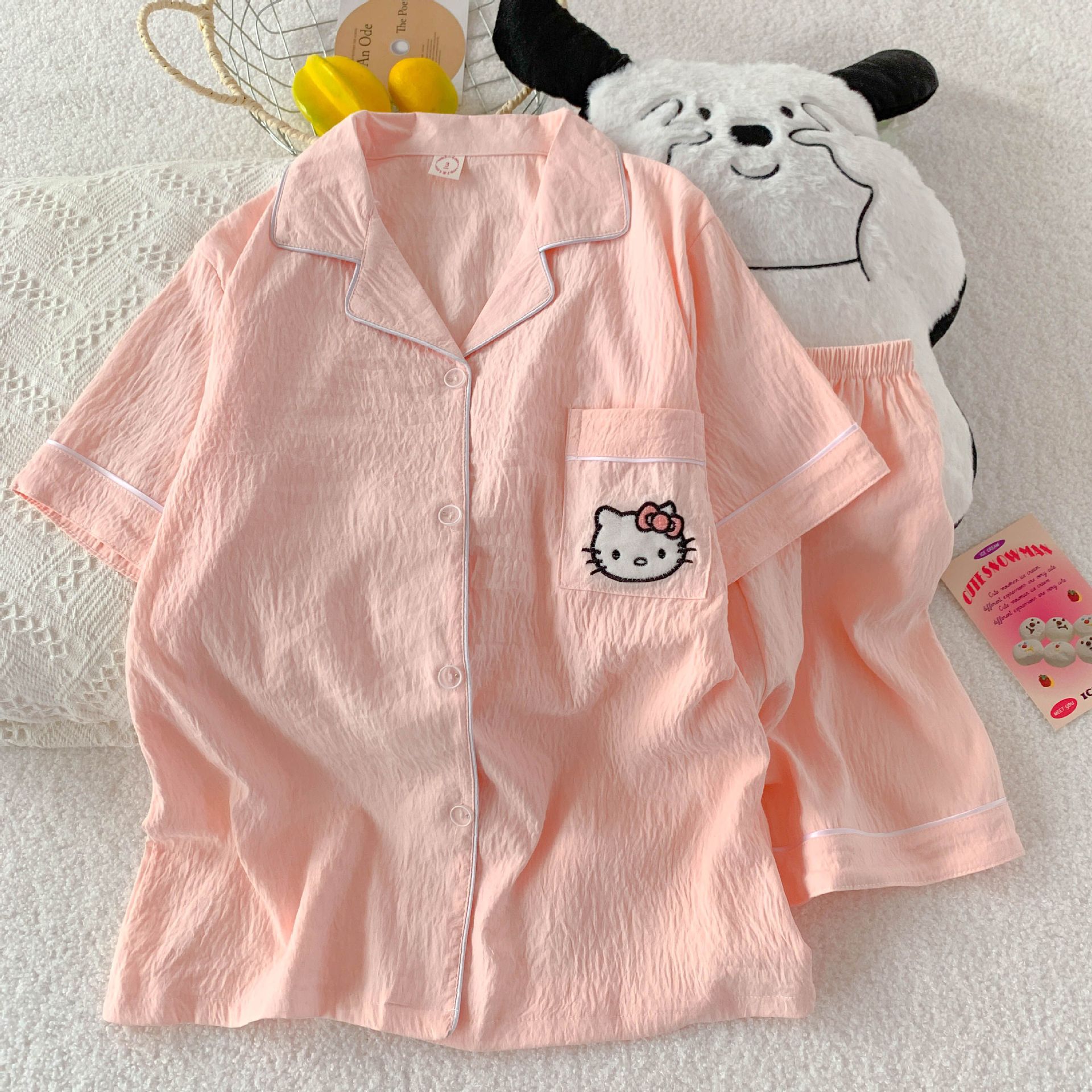 แมวปักลายสีชมพูสั้นคู่ / M