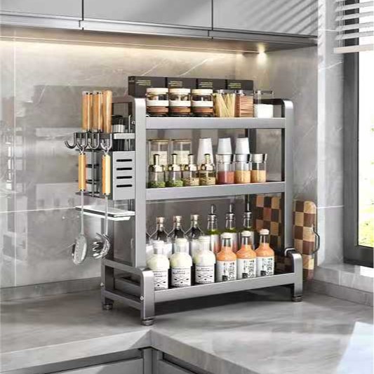 Estante de almacenamiento de cocina de acero inoxidable grueso multicapa de fábrica de fuente, soporte de cuchillos multifuncional de mesa, soporte de almacenamiento de latas de condimentos