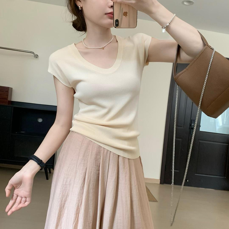 ファッショナブルなUネッククールトップ2025夏新作スリムフィット薄型多用途右肩半袖Tシャツ女性用|undefined