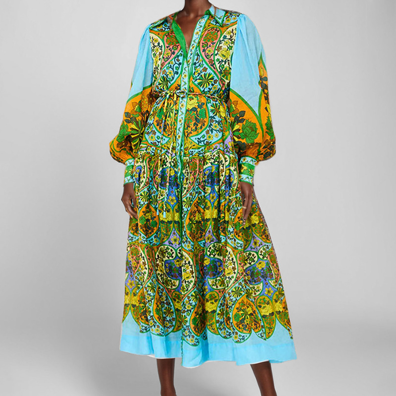 Women Clothing Vintage Printed Lantern Sleeve Waist Controlled Large Hem Dress