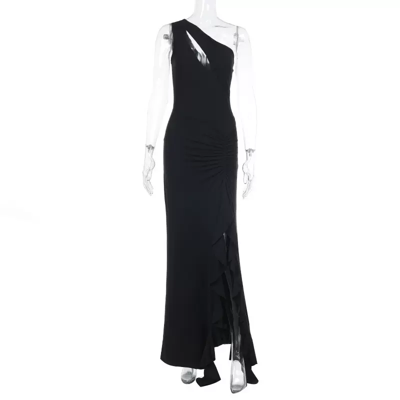 单肩褶边飘带连衣裙亚马逊女装2025夏季新款性感里面开叉包臀长裙