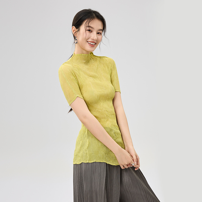 25 New Summer Style High-End Simple Half Turtleneck Short-Sleeved T-Shirt Pure Color Pleated Elegant Slim Fit Versatile Top