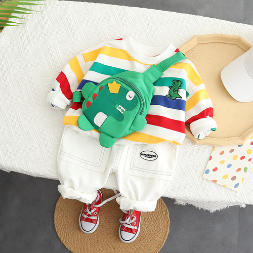 Children's autumn clothing for boys and girls  autumn clothing boys' suits striped round neck jeans two-piece set with bag