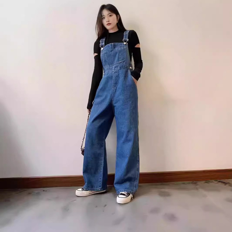 2026 Suitable for Women with Wide Hips and Thick Thighs, Straight-Leg Denim Overalls, Korean Style, Loose Fit, Spring and Autumn Vintage Wide-Leg Pants