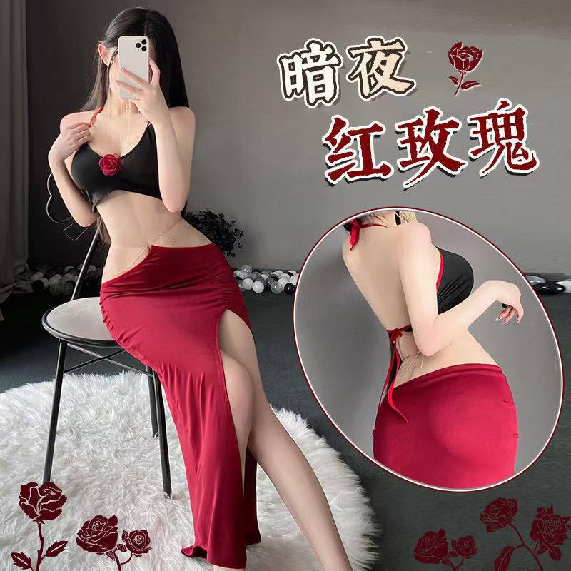 Rose Lady Sexy Backless Side Slit Split Swimsuit Nightdress Cheongsam Long Dress Sexy Underwear Pure Attraction Set Rose Lady Sexy Backless Side Slit Split Swimsuit Nightdress Cheongsam Long Dress Sexy Underwear Pure Attraction Set