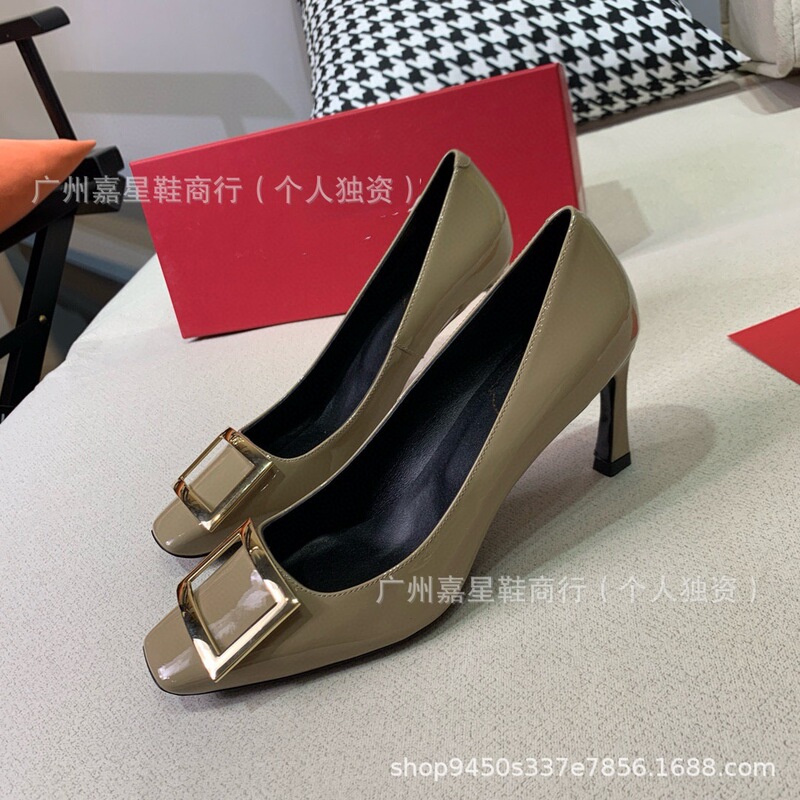 2025 New Trendy Influencer Style R Square Buckle Wine Glass Heel Shallow Square Toe Patent Leather Single Shoes with Chunky and Medium Heels for Women Commuting 2025 New Trendy Influencer Style R Square Buckle Wine Glass Heel Shallow Square Toe Patent Leather Single Shoes with Chunky and Medium Heels for Women Commuting
