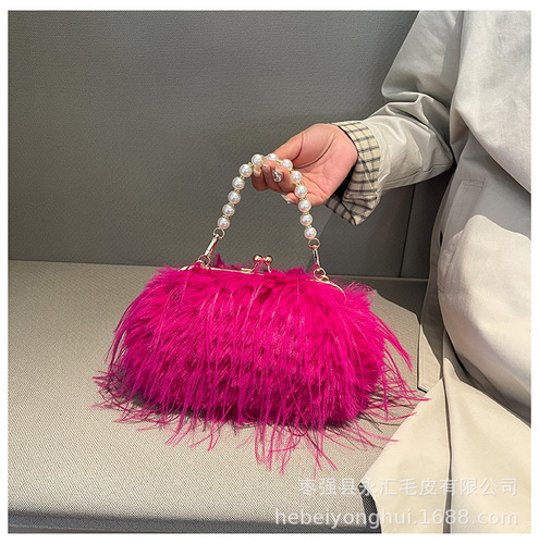 Elegant Autumn Plush Crossbody Bag for Women, Fuzzy Fur Bag with Pearl Chain, Exquisite and Soft Shoulder Bag