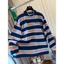 【胖妹妹】美式复古条纹圆领长袖t恤女春秋松弛感宽松百搭上衣服